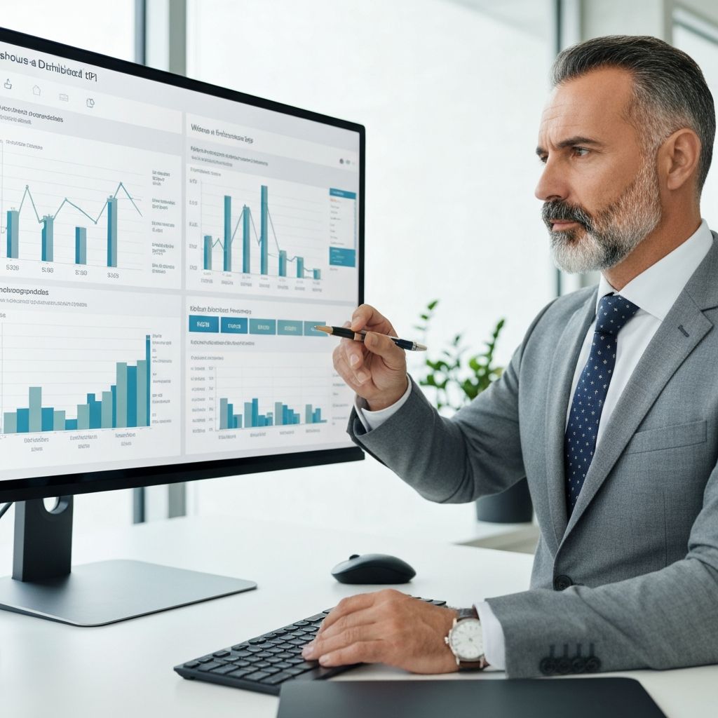 Director financiero de empresa logística española analizando dashboard de KPIs de almacén y distribución en oficina moderna