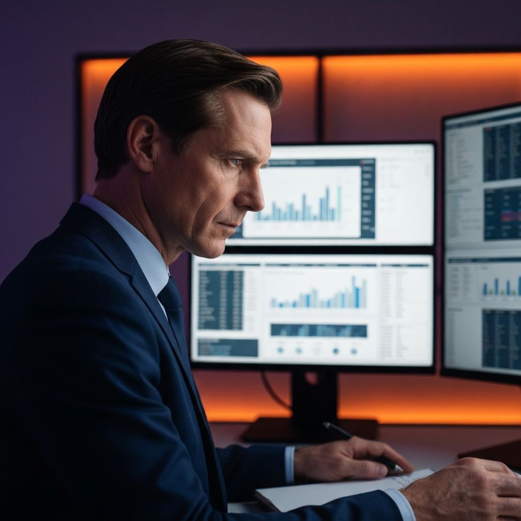 CFO profesional revisando reportes financieros y tableros de control en oficina moderna con pantallas mostrando gráficos de contabilidad de gestión