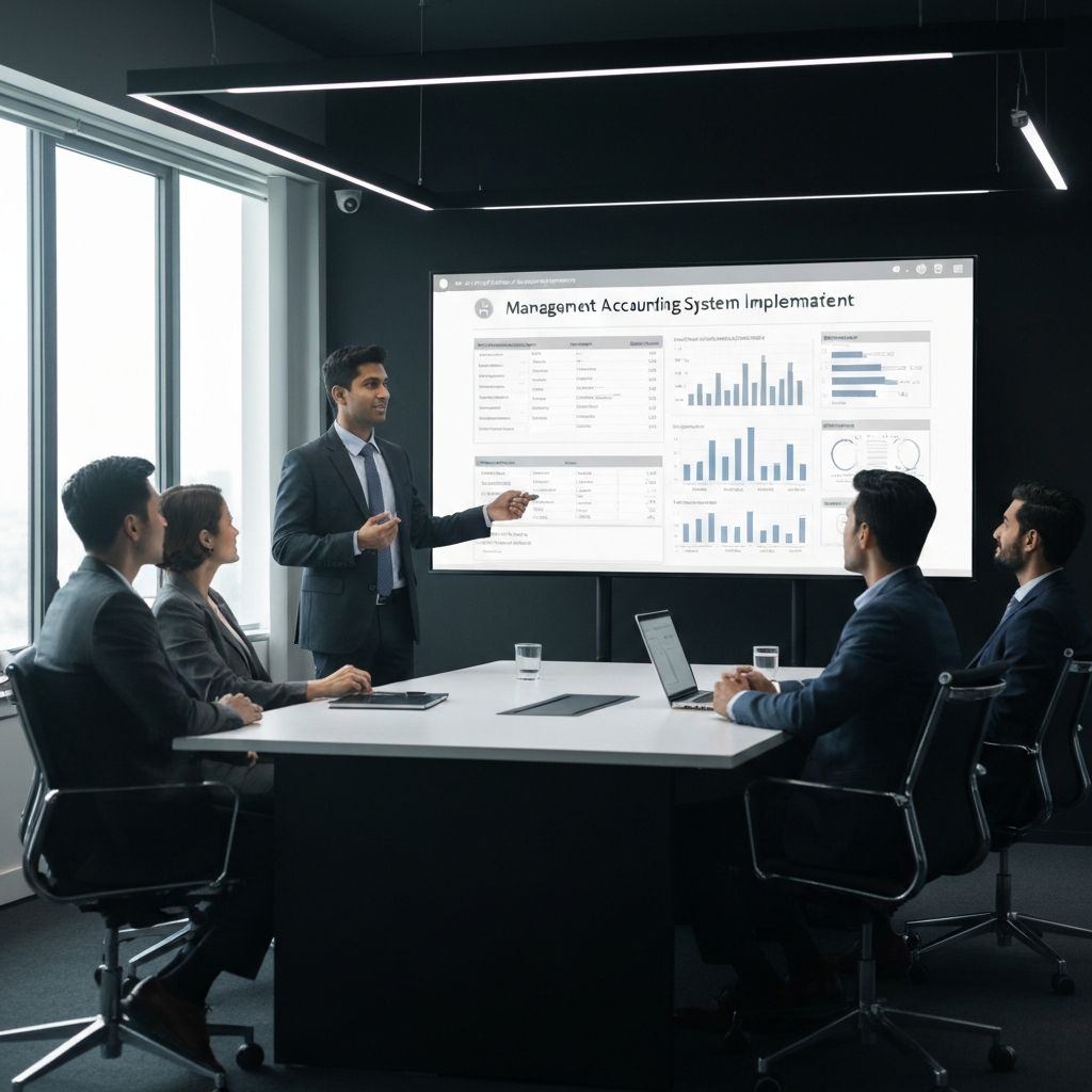 Consultor financiero trabajando con equipo de CFO en implementación de sistema de contabilidad de gestión, mostrando reportes y dashboards en sala de reuniones moderna